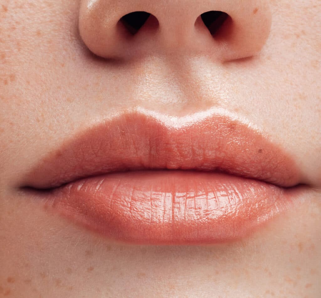 Part of woman's face. Woman's lips and nose. Soft skin.